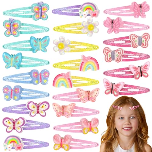 Hanaive 24 Pcs Rainbow Unicorn Clips Metal Clips Butterfly Snap Barrettes Cute Mermaid Hair Pins Sparkly Animal Hair Accessories for Toddlers Little Girls Birthday Party Gifts(Butterfly Pattern)