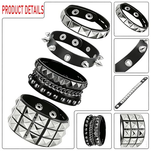 Handmade Black Leather Wrap Studded Bracelets for Women Men, 4Pcs Vintage Punk Wrist Cuff Bangle Wristband Emo Jewelry Gifts - style: Square Stud Style