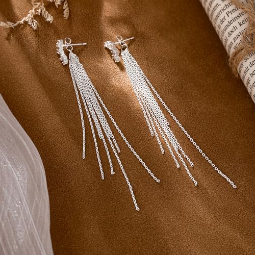 NECOCY Gold Dangle Earrings for Women Non Tarnish 14K Gold Plated Drop Wedding Hypallergenic Earring Dainty Long Hanging Chain CZ Pearl Threader Earrings Trendy Silver Plated Jewelry for Women - style: Silver&Style6