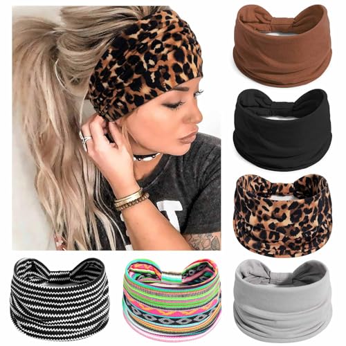 Awumbuk Wide Headbands for Women Knotted No Slip Head Bands Soft Turban Headband Hair Accessories Boho African Solid Color Head Wraps for Women Yoga Workout (Leopard) - color: Leopard