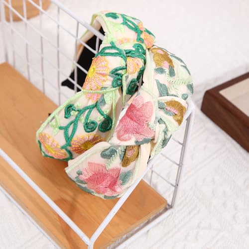 TURTLEDOVE 2 PCS Celtic Flowers Embroidered Headbands, White with Multicolor Flowers, Knotted Design, Wide Fashion Hair Accessory (Green) - color: Green
