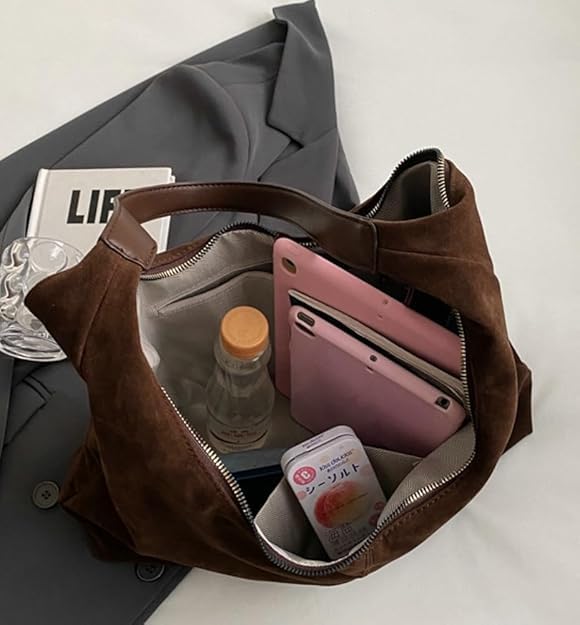 Women’s Trendy Suede Tote Bag Shoulder Bags For Women Fall Underarm Bag Winter Hobo Bag Work Purses Suede Travel Handbag - color: Brown