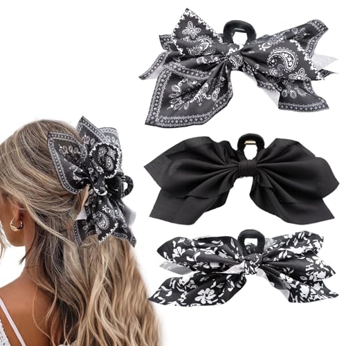 Bow Claw Clips Bow Hair Clips Black 3PCS Big Hair Bows for Women Butterfly Styling Large Hair Clips for Thick Hair for Girls Hair Accessories for Teen - color: 3PC-Black Series