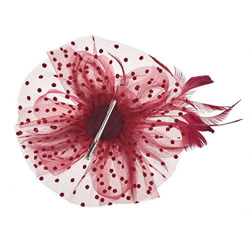 DRESHOW Fascinators Hat Flower Mesh Ribbons Feathers on a Headband and a Clip Tea Party Headwear for Girls and Women - color: 7" Diameter / Burgundy