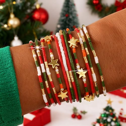 Dainty Gold Beaded Star Bracelets Stack for Women,Handmade Boho Colorful Beads Bracelet Fashion Prom Holiday Jewelry Gift Friendship Family - color: Christmas