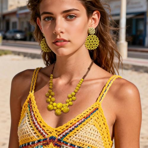 2 Pcs Hippie Boho Colorful Ceramic Beaded Necklace and Earrings Set for Women Adjustable Chunky Round Beads Strand Statement Necklace Colorful Summer Beaded Earrings Bohemian Jewelry Gift - color: Earth Yellow