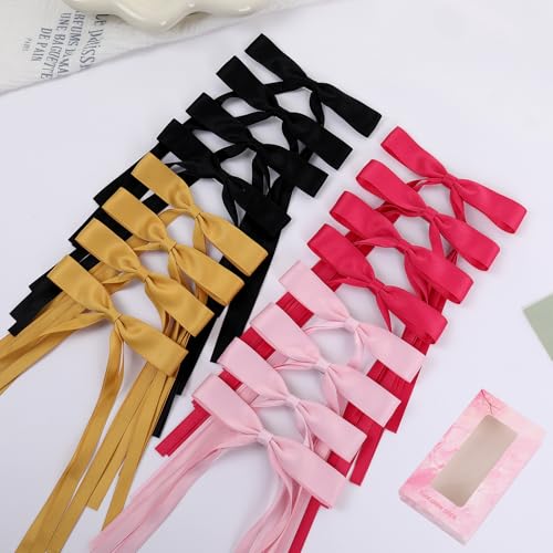 WORTL Hair Bows Clips Coquette Ribbon Bowknot with Long Tail Princess Hair Bows French Barrettes Hair Accessories for Women Girls 16PCS (Rose red, Pink, Yellow, Black) - color: Rose red, Pink, Yellow, Black