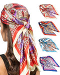 Molans 35" Silk Satin Square Head scarves - 4Pcs Large Scarfs Hair Bandana Head Kerchief Neck Scarf Sleeping Wraps for Women - color: Red, Blue, Orange, Pink