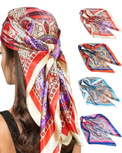 Molans 35" Silk Satin Square Head scarves - 4Pcs Large Scarfs Hair Bandana Head Kerchief Neck Scarf Sleeping Wraps for Women - color: Red, Blue, Orange, Pink
