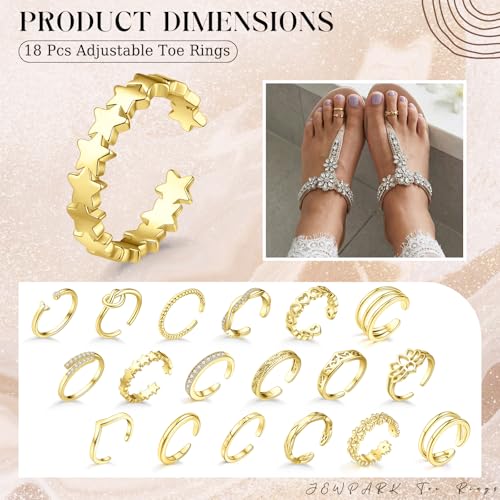 18PCS Toe Rings for Women Non Tarnish Gold/Silver Rings Open Flower CZ Band Toe Ring Set Adjustable Ring Summer Beach Foot Jewelry Gifts - color: Gold