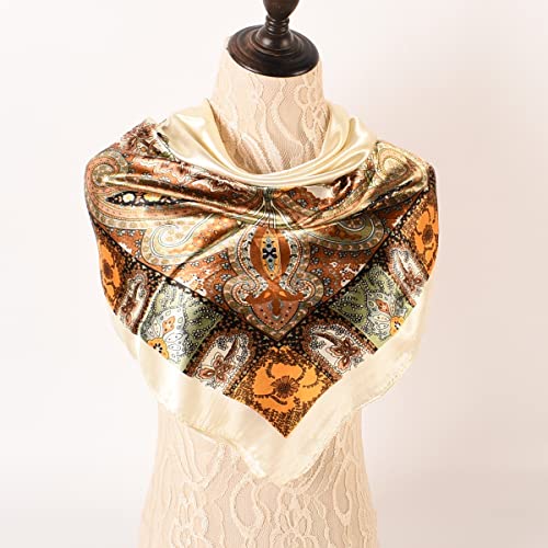 35 x 35 Women's Fashion Pattern Large Square Silk Like Hair Scarf Head Sleeping Wrap Satin Neck Bandana for Gift… - color: Big Cashew Beige