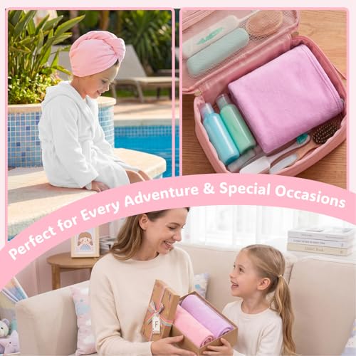Basumee Microfiber Hair Towel Wrap for Kids 2 Pack Rapid Drying Hair Towel with Button Hair Turbans for Wet Hair Wraps Head Towel Wrap for Women and Girls - color: Purple Pink
