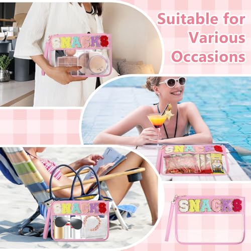 Clear Snack Bag for Travel, Chenille Letter Clear Zipper Snacks Pouch Nylon Cosmetic Bag Makeup Travel Bag for Women - color: Pink
