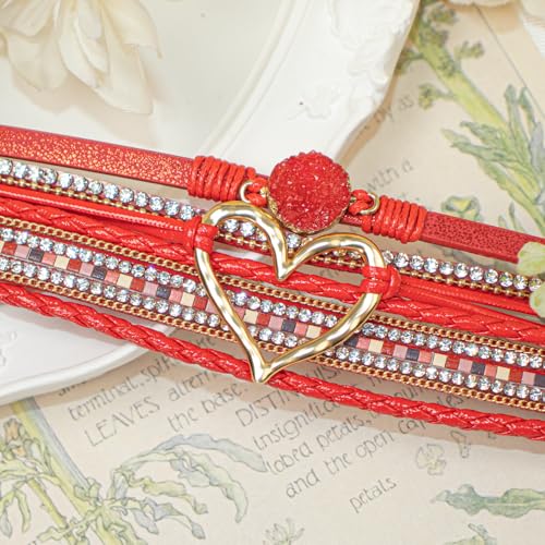 Leather Wrap Bracelet for Women, Boho Cuff Bracelet with Strong Clasp, Multi-Layer Crystal Leather Bracelet for Valentine Mother's Day - color: 01-Heart-Red