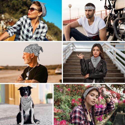 PLULON Bandanas for Men Women 4/12/24/30 Pack, Paisley Pattern Bandana Bulk Headbands Handkerchief Face Mask 100% Polyester - color: Gray
