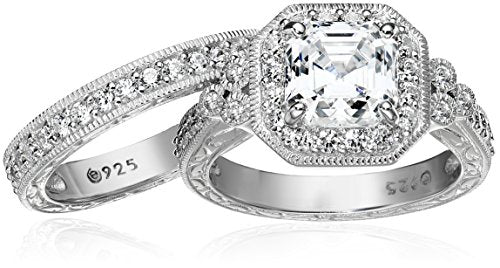 Amazon Essentials Platinum or Gold Plated Sterling Silver Antique Ring set with Asscher-Cut Infinite Elements Cubic Zirconia - color: White Zircon/Platinum, size: 5