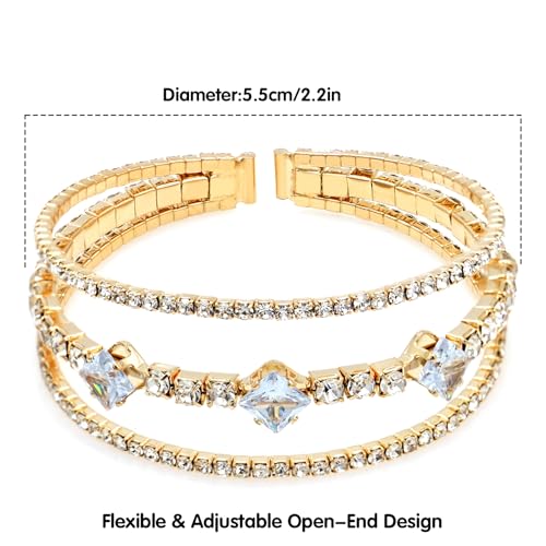 Women's Multi-Layer Rhinestone Cuff Bracelet Sparkling Crystal Tennis Bangle for Bridal Wedding Party - color: 1146 Gold