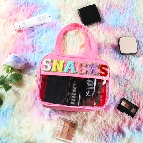 BuyCard Chenille Letter Clear Snack Makeup Bags, Waterproof Large Clear Travel Toiletry Bag, Nylon Snacks Cosmetic Pouch Bag with Handles and Zipper, Storage Bag for Women, Pink - color: Pink-Snacks