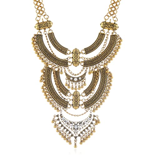 YAZILIND Clavicle Chunky Bib Necklace Layered Tassels Rhinestone Exaggerated Vintage Ethnic Long Engraved Bohemian Statement - color: Ancient gold