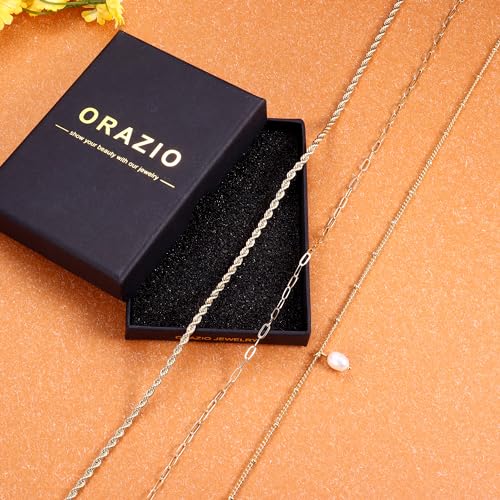 ORAZIO Gold Necklaces for Women,Layered Gold Necklace,14K Gold Plated Pendant Necklaces,Simple Choker Necklaces Set, Dainty Gold Chain Necklaces,Trendy Gold Stacked Jewelry Gifts for Women - color: 3Pcs/Twist & Paperclip & Pearl