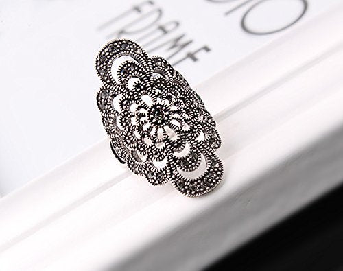 Women's Black Rings Vintage Rings Statement Rings for Women Band Marcasite Crystal Rings for Women - color: Siler2