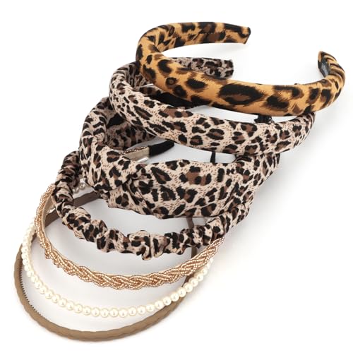 VELSCRUN Headbands for Women 7 Pcs Different Leopard Color Knotted Solid Pearl Head Bands Non Slip Hair Band Stuff for Teen Girls Womens Trendy Fashion Diademas Para Mujer Hair Accessories - color: Leopard Color