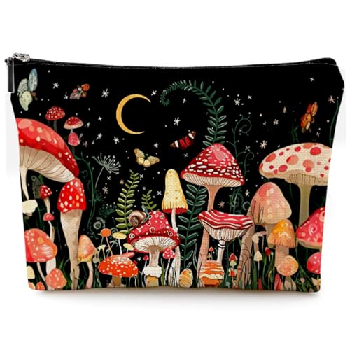 Small Makeup Bag for Purse Cute Canvas Waterproof Cosmetic Bags for Women Zipper Travel Toiletry Pouch-Mushroon Makeup Bags - color: Mushroon Makeup Bags