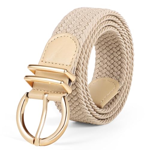 JASGOOD Women Men Braided Woven Elastic Stretch Waist Belt Golf Canvas Fabric Casual Belt for Jeans Pants - color: B-beige, size: Fit Size 24"-27"