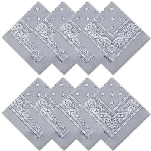 Raylarnia 8 PCS 100% Cotton Bandanas, 22 Inchs Multi-Purpose Bandana Scarfs Headbands for Men and Women - color: 8-gray
