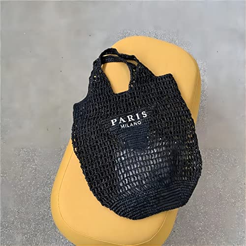 POOOPSSD New Woven Bag, Straw Mesh Tote Bag, Beach, Shoulder Bag, Hobo Women, Foldable Large Capacity, for Holiday. - color: Black