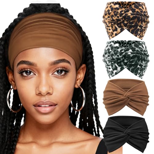 AQOKKA Extra Wide Headbands for Women Large Turban Headband Non Slip Boho Elastic Hairband Hair Twisted Knot Head Bands Accessories - color: 4 Pcs: Leopard Print + Solid Color