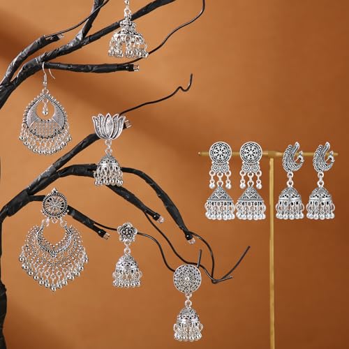 Nosiny 16 Pairs Jhumkas Indian Earrings for Women Vintage Jhumka Bell Hoop Dangle Earrings Set Ethnic Bohemian Indian Jewelry - color: Silver-black