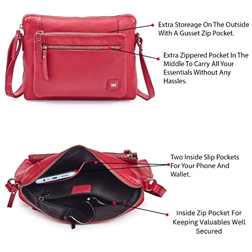 Leather Crossbody Bags for Women Small Soft Genuine Pebbled Sling Shoulder Handbag Crossover Purse with Full Adjustable Strap (Red Nappa) - color: Red Nappa