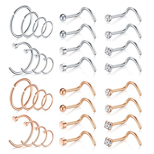Mayhoop 20g Nose Rings Hoops And Studs For Women Men - Hypoallergenic 316L Surgical Stainless Steel L Shape Nose Screw Bone Silver Rose Gold Black Rainbow Pack 28Pcs - color: Nose screw(Silver+Rose gold)