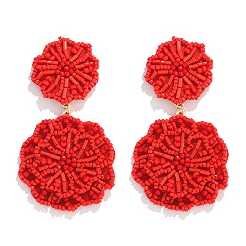 Statement Beaded Drop Earrings for Women Layered Bead Dangle Earrings - color: Red