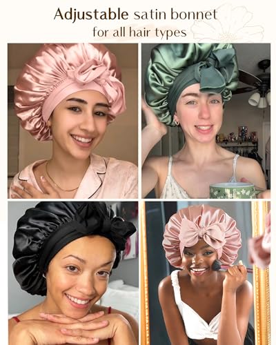 YANIBEST Adjustable Satin Bonnet for Sleeping Women Double Layer Hair Wrap Reduce Friction Prevent Frizz Natural Curly Hair - color: Blush Pink