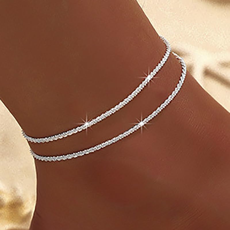 Ankle Bracelets for Women Gold Silver Layered Glitter Anklet for Women Waterproof Beach Cross Anklet Set Dainty Summer Foot Jewelry - color: Silver Layered Anklet
