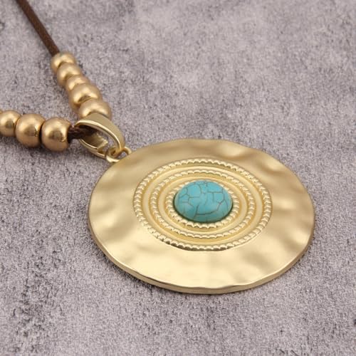 GelConnie Leather Necklaces Turquoise Long Boho Necklaces for Women Brown Chunky Circle Pendant Chocker Necklace Gold Sweater Necklace - style: Brown Leather Turquoise Necklace