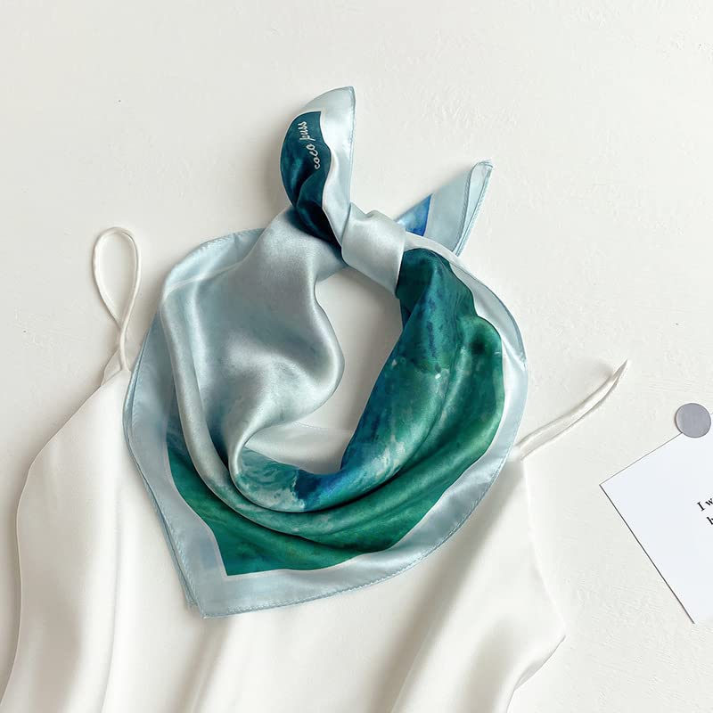 MEISEE 100% Pure Mulberry Silk Scarf 21" Square Scarf Neckerchief Headscarf Breathable Lightweight for Women Gift Packed - color: M3 Blue Oil Painting