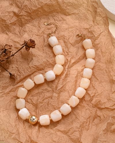 Chunky Beaded Statement Necklace for Women Trendy Colorful Boho Resin Bead Choker Necklaces Summer Handmade Jewelry Gifts Accessories - color: Beige -2