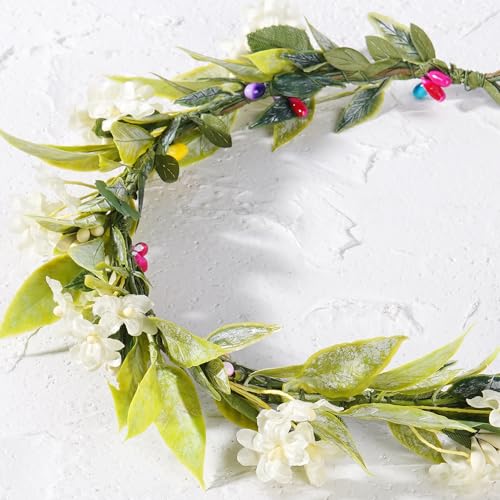 White Flower Crowns Headband, Artificial Boho Floral Headpiece with Green Leaf, Fairy Forest Elven Headwear with Ribbon for Women Girls Bridal Wedding Renaissance Festivals Hair Accessories - color: Bohemian White