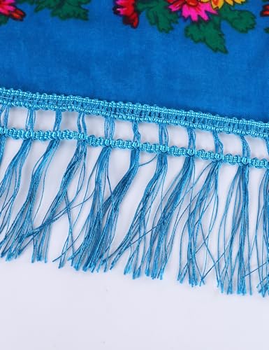 MJ SERECA Acrylic Bandana Printed Hair Scarf Square Ukrainian Head Scarf Floral Babushka Neck Scarf for Women 30"/42"/60" - color: Blue With Tassel