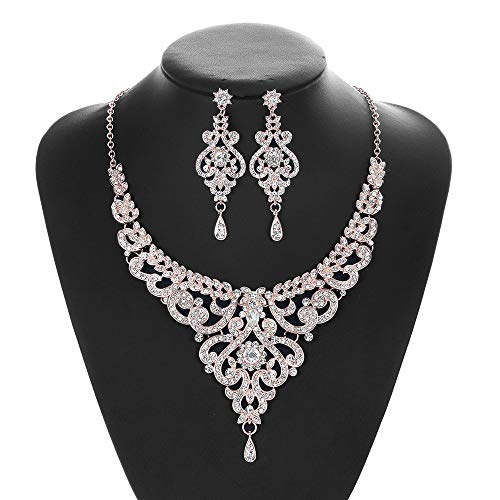 Hapibuy Crystal Wedding Jewelry Set Necklace Earring Set For Women and Brides Rose Gold and Silver Bridal Statement Jewelry sets - color: rose gold