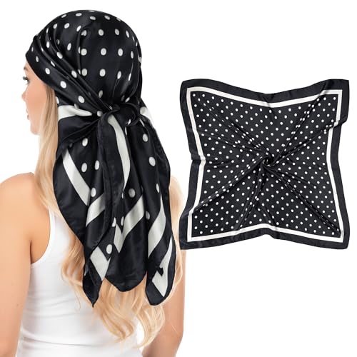 Pistha Head Scarf Bandana for Women, Satin Scarf for Hair, Large Square Silk Bandana Headscarf for Women and Men 35 Inch - style: Dot-black