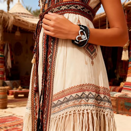 Long tiantian Leather Bracelets for Women Warp Bracelet Stackable Boho Layered Bracelet Chunky Heart Trendy Birthday Gifts for Her - color: A3:Boho Jewelry for Women (Black)