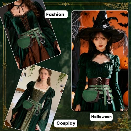 EpicCos Leaf-Patterned Waist Bag, Renaissance Multi-Turn Wrapped Faux Leather Belt with Skirt Clip for Ren Faire Forest Costumes (Green A)