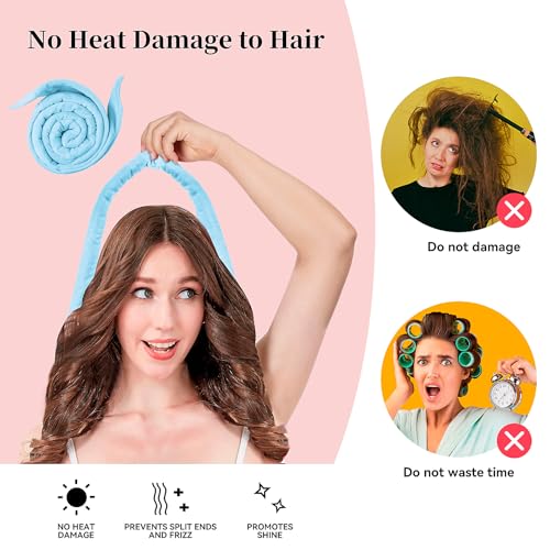 Heatless Curling Rod Headband, Upgraded 60" Extra Long Heatless Curls Headband Soft Hair Curlers to Sleep In Hair Rollers No Heat Curls (Blue) - color: Blue