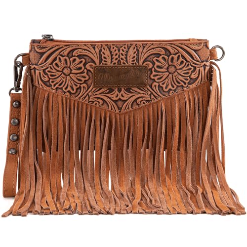 Wrangler Crossbody Small Purse for Women Wristlet Fringe Bag Western Purse - color: Angel Light Brown