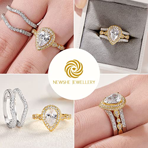 Newshe Jewellery Wedding Rings for Women Bridal Sets Sterling Silver Engagement Ring Enhancer Pear Cubic Zirconia Anniversary Promise Band Size - color: Cubic Zirconia-18k Yellow Gold Plated