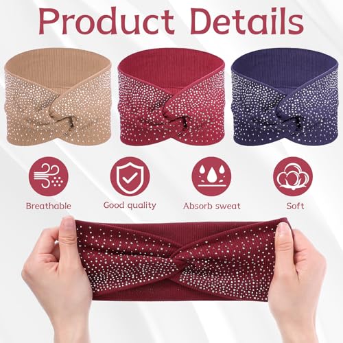 Sliverdew Rhinestone Headbands for Women, 3 Pcs Sparkly Crystal Wide Headbands Bling Fancy Sparkle Head Scarf Turban Stretchy Hair Bands Elastic African Head Wraps for Black Women - color: Burgundy & Khaki & Navy